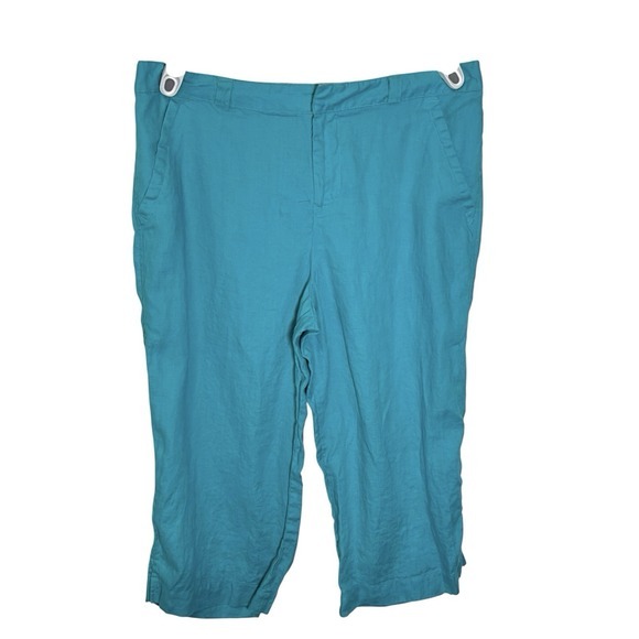 Kim Rogers Pants - Kim Rogers PL‎ Turquoise Blue Linen Capri Pants Cropped Elastic Waist Casual